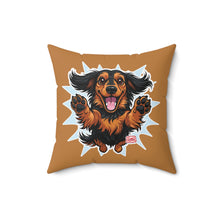 Load image into Gallery viewer, Happy Longhaired Dachshund Throw Pillow — Cute Jumping Sausage Dog Decorative Cushion