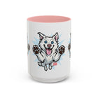 Happy White Husky Accent Coffee Mug | Cute Jumping Dog Paw Print Design (11/15 oz)
