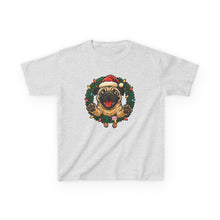 Load image into Gallery viewer, Festive Kids Tee with Pug in Santa Wreath, Christmas Shirt, Holiday Apparel, Cute Kids Clothing, Gift for Dog Lovers, Winter Fun Tee
