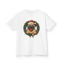 Load image into Gallery viewer, Festive Kids Tee with Pug in Santa Wreath, Christmas Shirt, Holiday Apparel, Cute Kids Clothing, Gift for Dog Lovers, Winter Fun Tee