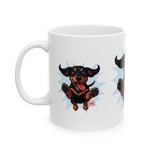 Load image into Gallery viewer, Playful Dachshund Ceramic Mug - Perfect Gift for Dog Lovers, Coffee Mug, Pet Owner Gift, Animal Lover Mug, Funny Dog Mug