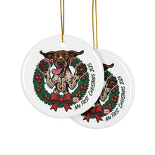 Load image into Gallery viewer, Playful German Shorthaired Pointer Puppy Wreath Ceramic Ornament | My First Christmas 2025