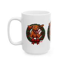 Load image into Gallery viewer, Festive Vizsla Dog Mug, Christmas Gift for Pet Lovers, Holiday Ceramic Cup, Cute Dog Art, Wreath Design