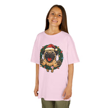 Load image into Gallery viewer, Festive Kids Tee with Pug in Santa Wreath, Christmas Shirt, Holiday Apparel, Cute Kids Clothing, Gift for Dog Lovers, Winter Fun Tee