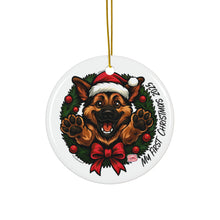 Load image into Gallery viewer, Festive German Shepherd Puppy Ceramic Ornaments, Holiday Decor, Personalized Gifts, Tree Decorations, My First Christmas