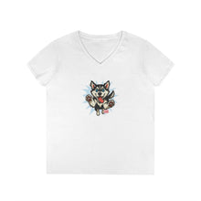 Load image into Gallery viewer, Cute Siberian Husky Dog Illustration Ladies' V-Neck T-Shirt, Pet Lover Gift, Casual Wear, Dog Mom Shirt