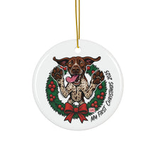 Load image into Gallery viewer, Playful German Shorthaired Pointer Puppy Wreath Ceramic Ornament | My First Christmas 2025