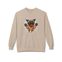 Load image into Gallery viewer, Playful Pug Crewneck Sweatshirt - Cozy Unisex Fleece, Dog Lover Gift, Pet Apparel, Cute Sweatshirt, Fun Dog Design