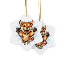 Load image into Gallery viewer, Jumping Shiba Inu Ceramic Ornament | Double-Sided Dog Face Holiday Decor