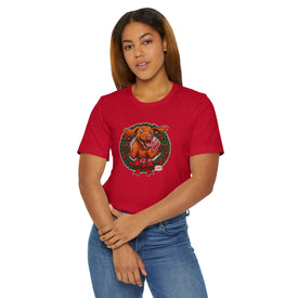 Festive Vizsla Dog Wreath T-Shirt | Unisex Jersey Tee, Holiday Apparel, Dog Lover Gifts, Christmas Shirt, Pet-Themed Fashion