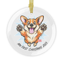 Load image into Gallery viewer, Happy Leaping Corgi My First Christmas 2025 Glass Ornament | Personalized Pet Holiday