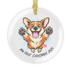 Happy Leaping Corgi My First Christmas 2025 Glass Ornament | Personalized Pet Holiday
