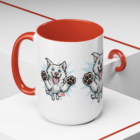 Happy White Husky Accent Coffee Mug | Cute Jumping Dog Paw Print Design (11/15 oz)