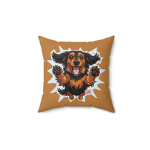 Load image into Gallery viewer, Happy Longhaired Dachshund Throw Pillow — Cute Jumping Sausage Dog Decorative Cushion