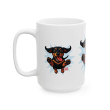Load image into Gallery viewer, Playful Dachshund Ceramic Mug - Perfect Gift for Dog Lovers, Coffee Mug, Pet Owner Gift, Animal Lover Mug, Funny Dog Mug
