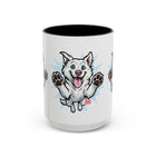 Happy White Husky Accent Coffee Mug | Cute Jumping Dog Paw Print Design (11/15 oz)