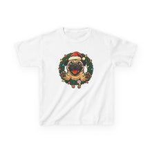 Load image into Gallery viewer, Festive Kids Tee with Pug in Santa Wreath, Christmas Shirt, Holiday Apparel, Cute Kids Clothing, Gift for Dog Lovers, Winter Fun Tee