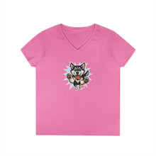 Load image into Gallery viewer, Cute Siberian Husky Dog Illustration Ladies' V-Neck T-Shirt, Pet Lover Gift, Casual Wear, Dog Mom Shirt