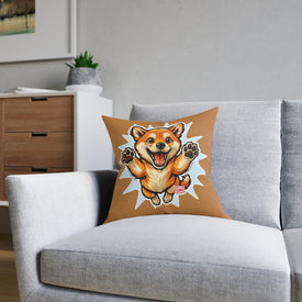 Happy Jumping Shiba Inu Square Pillow | Cute Dog Cartoon Accent Cushion
