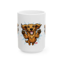 Load image into Gallery viewer, Happy Leaping Longhaired Dachshund Illustration Mug | Ceramic Coffee Cup