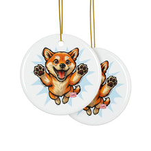 Load image into Gallery viewer, Jumping Shiba Inu Ceramic Ornament | Double-Sided Dog Face Holiday Decor