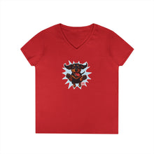 Load image into Gallery viewer, Vibrant Ladies' V-Neck T-Shirt with Happy Dachshund Design, Casual Wear, Gift for Her, Fun Graphic Tee, Everyday Comfort