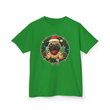 Load image into Gallery viewer, Festive Kids Tee with Pug in Santa Wreath, Christmas Shirt, Holiday Apparel, Cute Kids Clothing, Gift for Dog Lovers, Winter Fun Tee