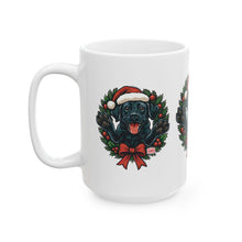 Load image into Gallery viewer, Festive Black Labrador Dog Mug, Christmas Mug, Holiday Gift, Pet Lover's Mug, Cute Black Lab Mug, Seasonal Coffee Mug