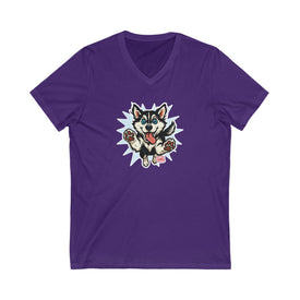 Playful Siberian Husky Dog Graphic V-Neck Tee, Fun Pet Apparel, Gifts for Dog Lovers, Casual Outfit, Birthday Present