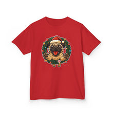 Load image into Gallery viewer, Festive Kids Tee with Pug in Santa Wreath, Christmas Shirt, Holiday Apparel, Cute Kids Clothing, Gift for Dog Lovers, Winter Fun Tee