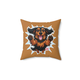 Happy Longhaired Dachshund Throw Pillow — Cute Jumping Sausage Dog Decorative Cushion