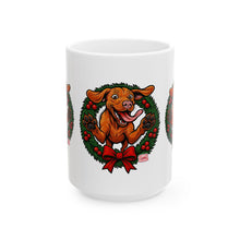 Load image into Gallery viewer, Festive Vizsla Dog Mug, Christmas Gift for Pet Lovers, Holiday Ceramic Cup, Cute Dog Art, Wreath Design