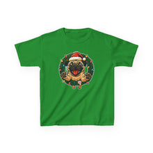Load image into Gallery viewer, Festive Kids Tee with Pug in Santa Wreath, Christmas Shirt, Holiday Apparel, Cute Kids Clothing, Gift for Dog Lovers, Winter Fun Tee