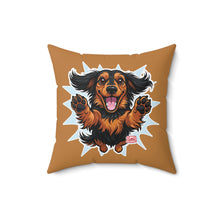 Load image into Gallery viewer, Happy Longhaired Dachshund Throw Pillow — Cute Jumping Sausage Dog Decorative Cushion