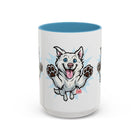 Happy White Husky Accent Coffee Mug | Cute Jumping Dog Paw Print Design (11/15 oz)