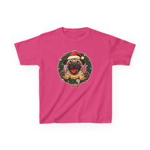 Load image into Gallery viewer, Festive Kids Tee with Pug in Santa Wreath, Christmas Shirt, Holiday Apparel, Cute Kids Clothing, Gift for Dog Lovers, Winter Fun Tee