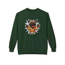Load image into Gallery viewer, Playful Pug Crewneck Sweatshirt - Cozy Unisex Fleece, Dog Lover Gift, Pet Apparel, Cute Sweatshirt, Fun Dog Design