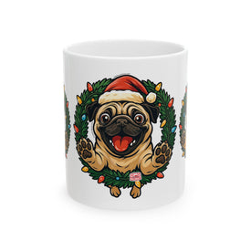 Festive Pug Ceramic Mug - Holiday Gift, Cute Pet Lover Mug, Christmas Mug, Coffee Cup, Dog-Themed Drinkware