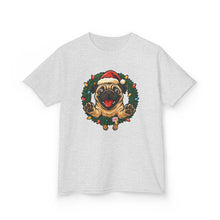 Load image into Gallery viewer, Festive Kids Tee with Pug in Santa Wreath, Christmas Shirt, Holiday Apparel, Cute Kids Clothing, Gift for Dog Lovers, Winter Fun Tee