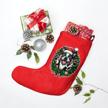 Load image into Gallery viewer, Boston Terrier in Christmas Wreath Christmas Stocking | Holiday Bostie Dog Stocking