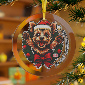 Yorkie My First Christmas 2025 Glass Ornament