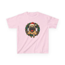 Load image into Gallery viewer, Festive Kids Tee with Pug in Santa Wreath, Christmas Shirt, Holiday Apparel, Cute Kids Clothing, Gift for Dog Lovers, Winter Fun Tee