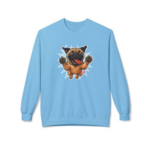 Load image into Gallery viewer, Playful Pug Crewneck Sweatshirt - Cozy Unisex Fleece, Dog Lover Gift, Pet Apparel, Cute Sweatshirt, Fun Dog Design