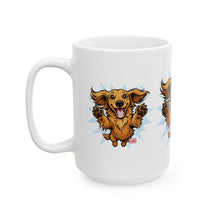 Load image into Gallery viewer, Happy Leaping Longhaired Dachshund Illustration Mug | Ceramic Coffee Cup