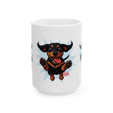 Load image into Gallery viewer, Playful Dachshund Ceramic Mug - Perfect Gift for Dog Lovers, Coffee Mug, Pet Owner Gift, Animal Lover Mug, Funny Dog Mug