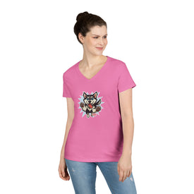 Cute Siberian Husky Dog Illustration Ladies' V-Neck T-Shirt, Pet Lover Gift, Casual Wear, Dog Mom Shirt