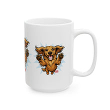 Load image into Gallery viewer, Happy Leaping Longhaired Dachshund Illustration Mug | Ceramic Coffee Cup