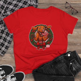 Festive Vizsla Dog Lover's Tee, Cute Animal T-Shirt, Holiday Gift, Casual Wear, Fun Christmas Design, Wreath Print Top