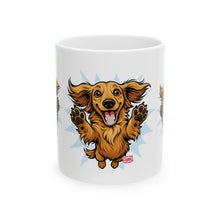 Load image into Gallery viewer, Happy Leaping Longhaired Dachshund Illustration Mug | Ceramic Coffee Cup