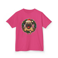 Load image into Gallery viewer, Festive Kids Tee with Pug in Santa Wreath, Christmas Shirt, Holiday Apparel, Cute Kids Clothing, Gift for Dog Lovers, Winter Fun Tee